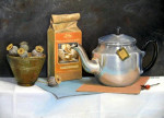 Koffie en thee, olie op paneel, verkocht